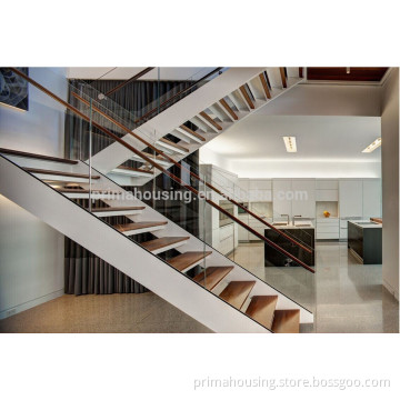 Luxurious Glass Railing U-Shaped Wood Staircase